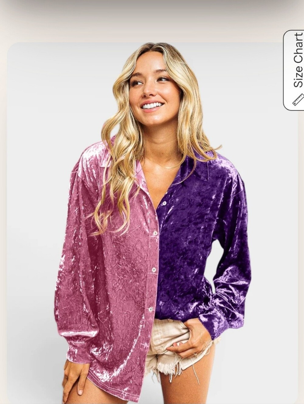 Bibi Two-Tone Velvet Button-Up Shirt in Pink and Purple